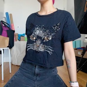 F21 Cat Sequin Crop Shirt